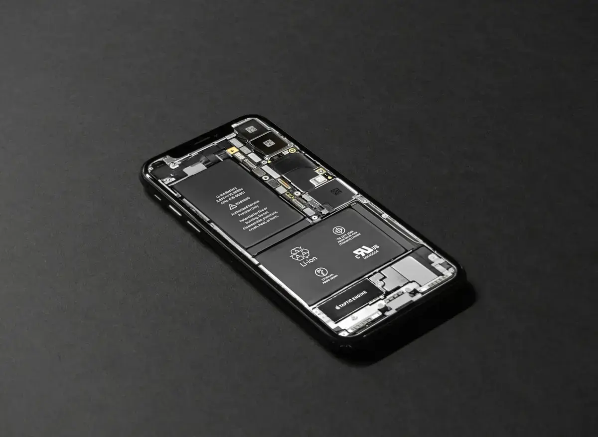 拆開的智慧型手機露出內部電池與零件，象徵換購前的電池檢查
