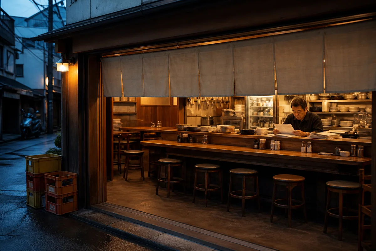 日本小型居酒屋店主在空蕩吧台核對營運帳單