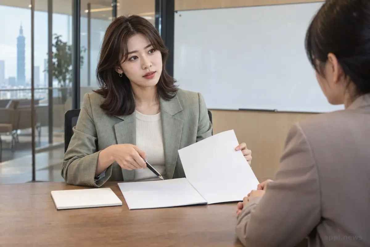 一名台灣求職者在面試室內核對書面職缺條件與白板上的口頭承諾