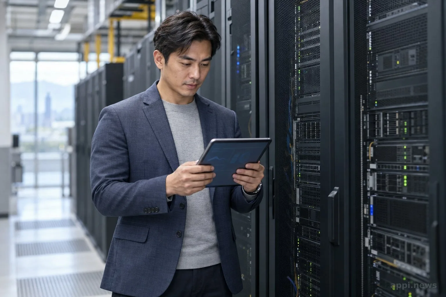 一位台灣企業資訊人員在機房查看平板，身旁是伺服器機櫃。