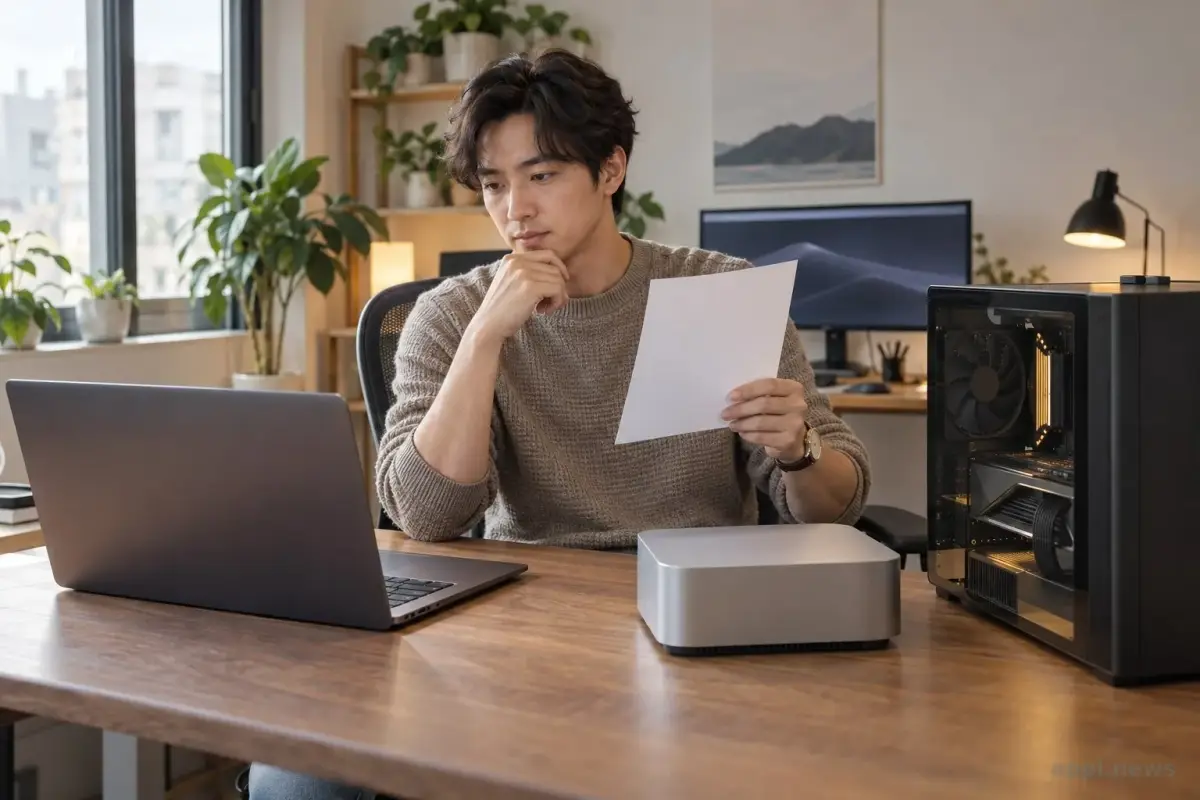 桌上並列筆電、搭載獨立顯示卡的桌機與 Mac，一位使用者查看硬體檢查表。