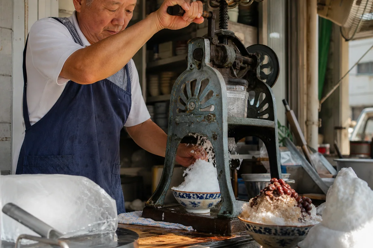 龍潭老店師傅操作古早製冰機刨出細緻雪冰