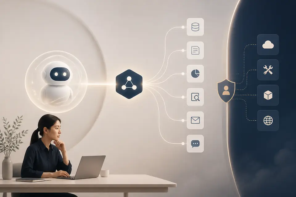 AI agent 透過統一標準協定連接企業內部多個系統與工具，象徵 MCP 成為事實標準後的治理課題