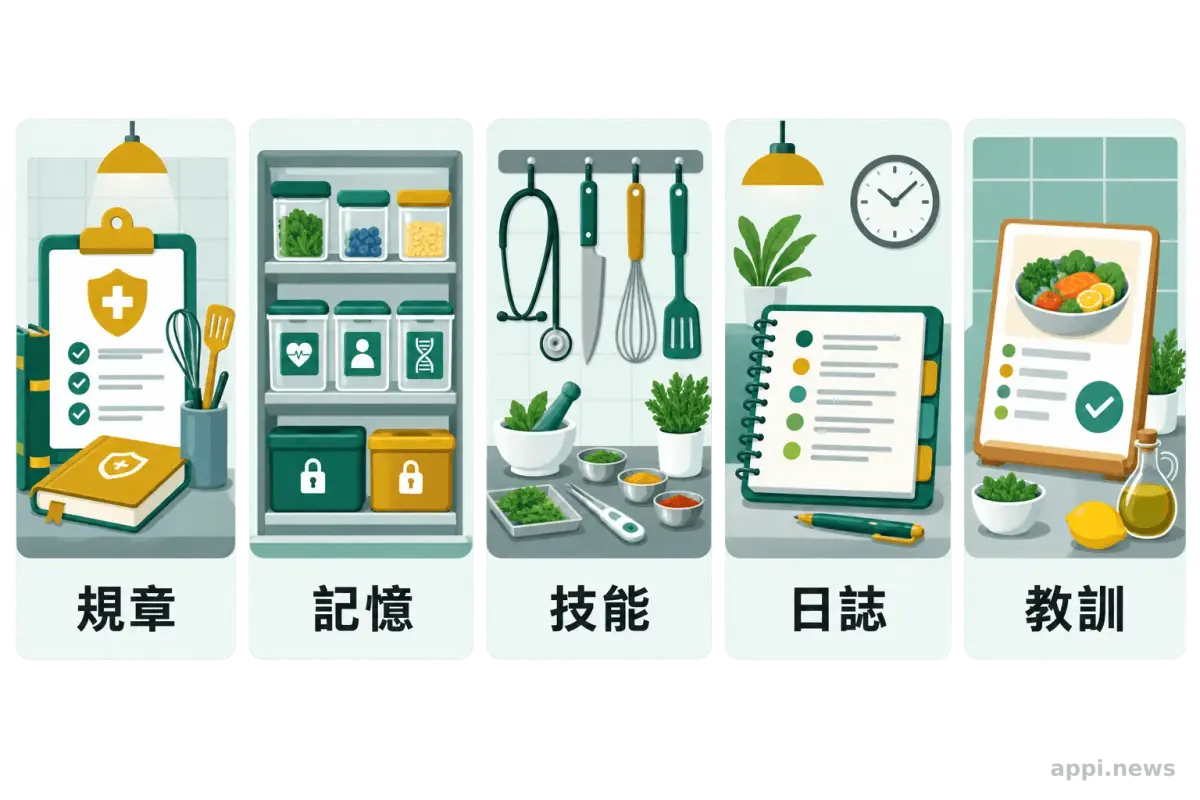 醫療 AI Agent 五層系統化為規章、記憶、技能、日誌與教訓的醫療廚房示意圖
