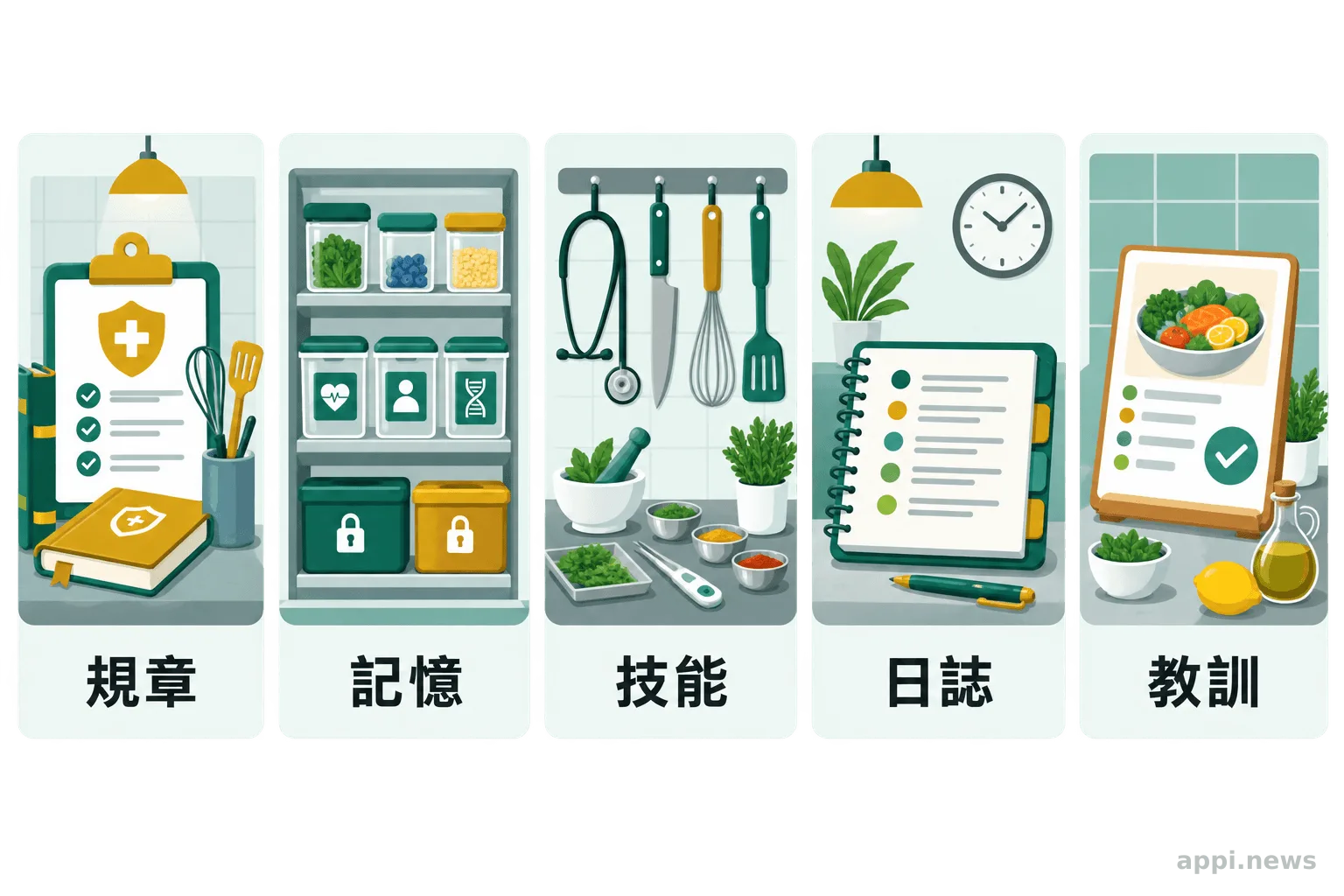 醫療 AI Agent 五層系統化為規章、記憶、技能、日誌與教訓的醫療廚房示意圖