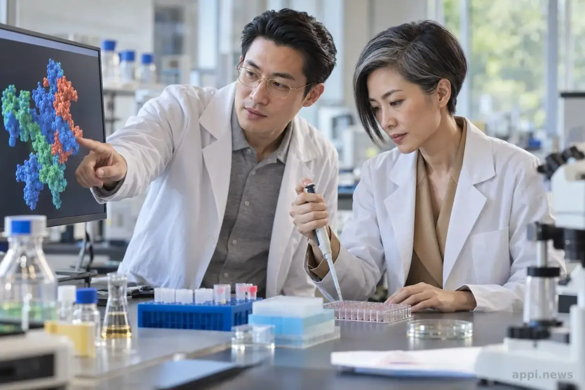 兩位台灣研究人員在實驗室共同查看電腦上的分子研究畫面。