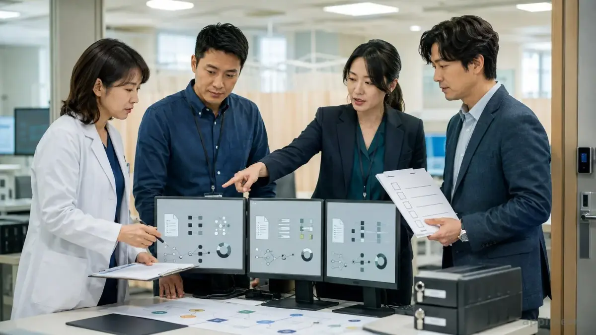 臺灣醫療、資訊與資安人員在院內工作站前比較三種模型及人工覆核流程。