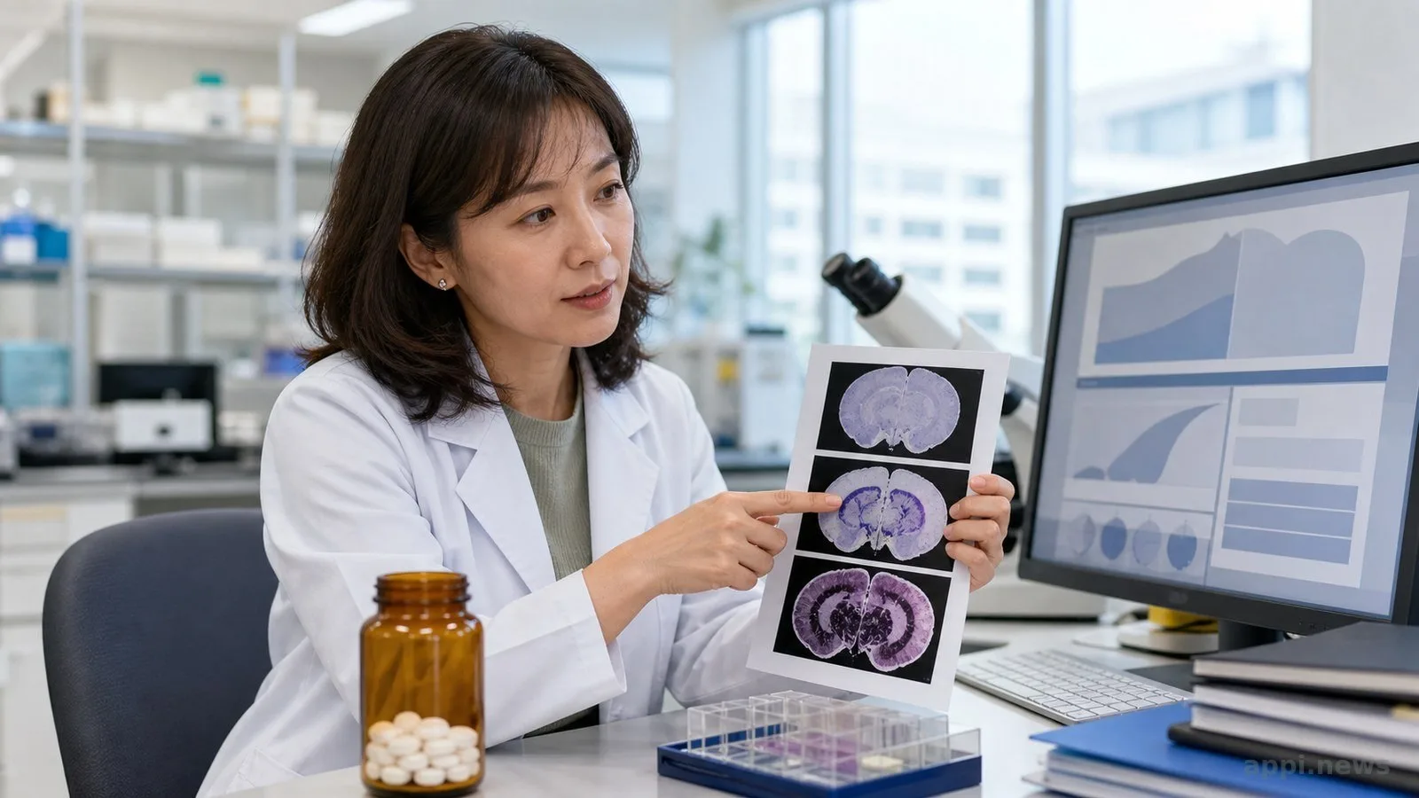 Peneliti klinis membandingkan botol metformin, citra penelitian otak tikus, dan layar sistem medis di laboratorium rumah sakit (ilustrasi)
