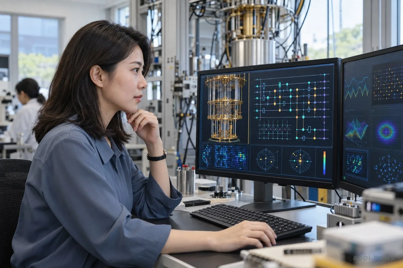 一位研究人員坐在工作站前檢視螢幕上的量子硬體布局與電路圖。