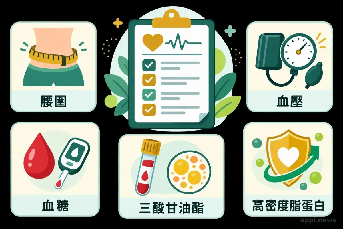 健檢報告與腰圍、血壓、血糖、三酸甘油脂及高密度脂蛋白膽固醇五項指標的資訊圖