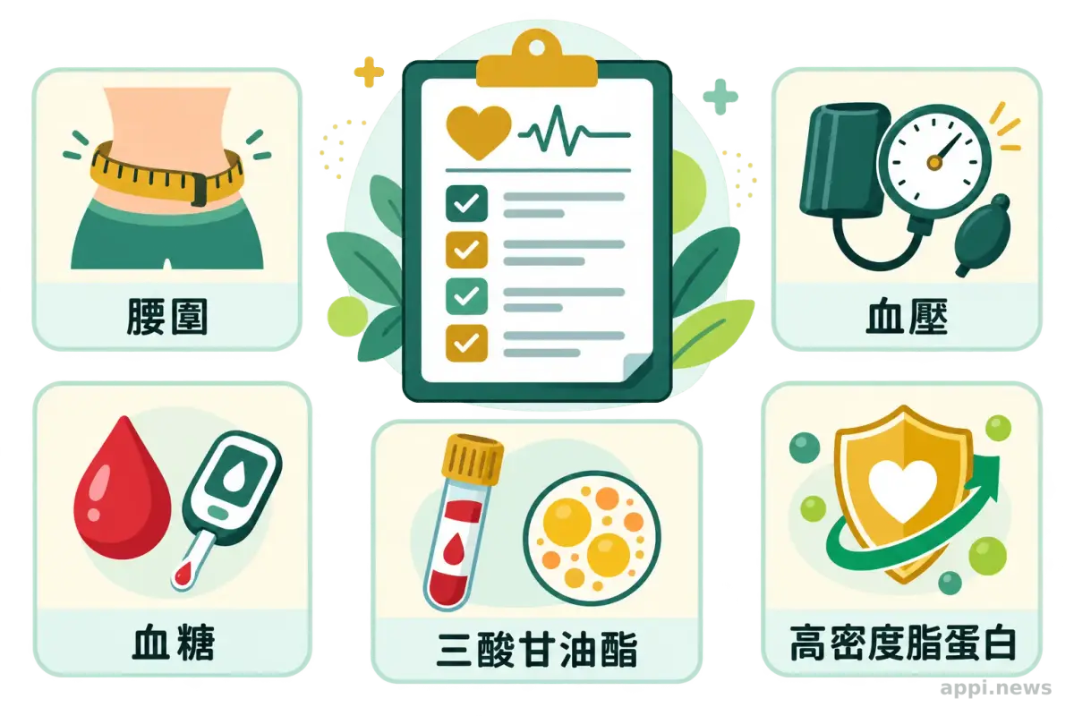 健檢報告旁呈現腰圍、血壓、血糖、三酸甘油酯與高密度脂蛋白五項圖示