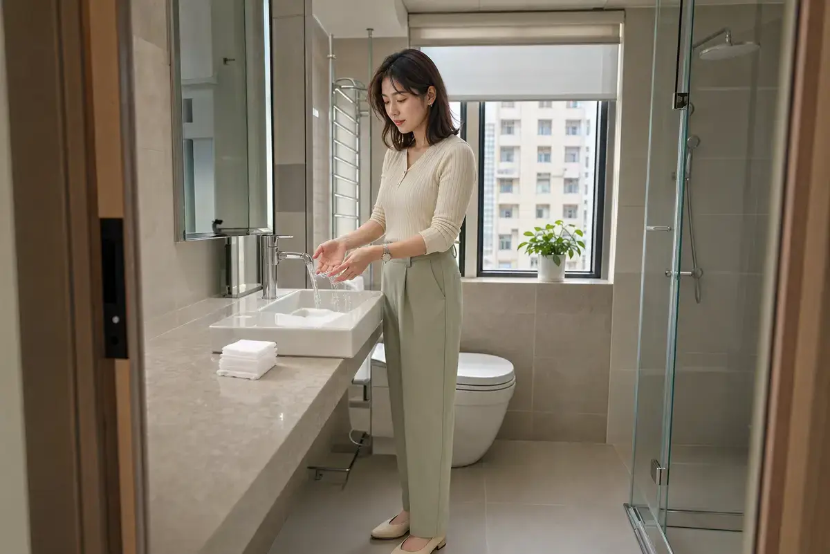 手部小傷口在水龍頭下以流動清水沖洗，旁邊放著乾淨紗布