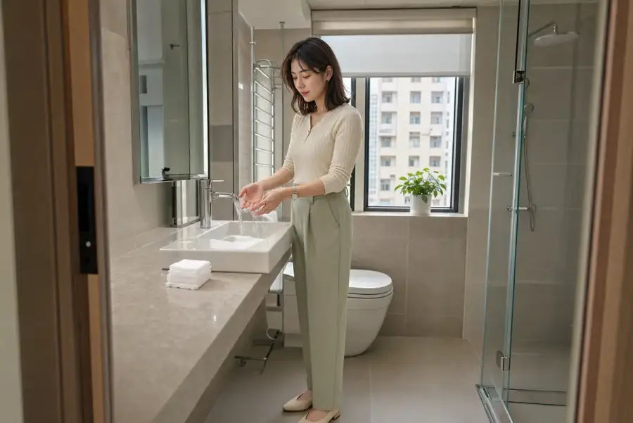 手部小傷口在水龍頭下以流動清水沖洗，旁邊放著乾淨紗布