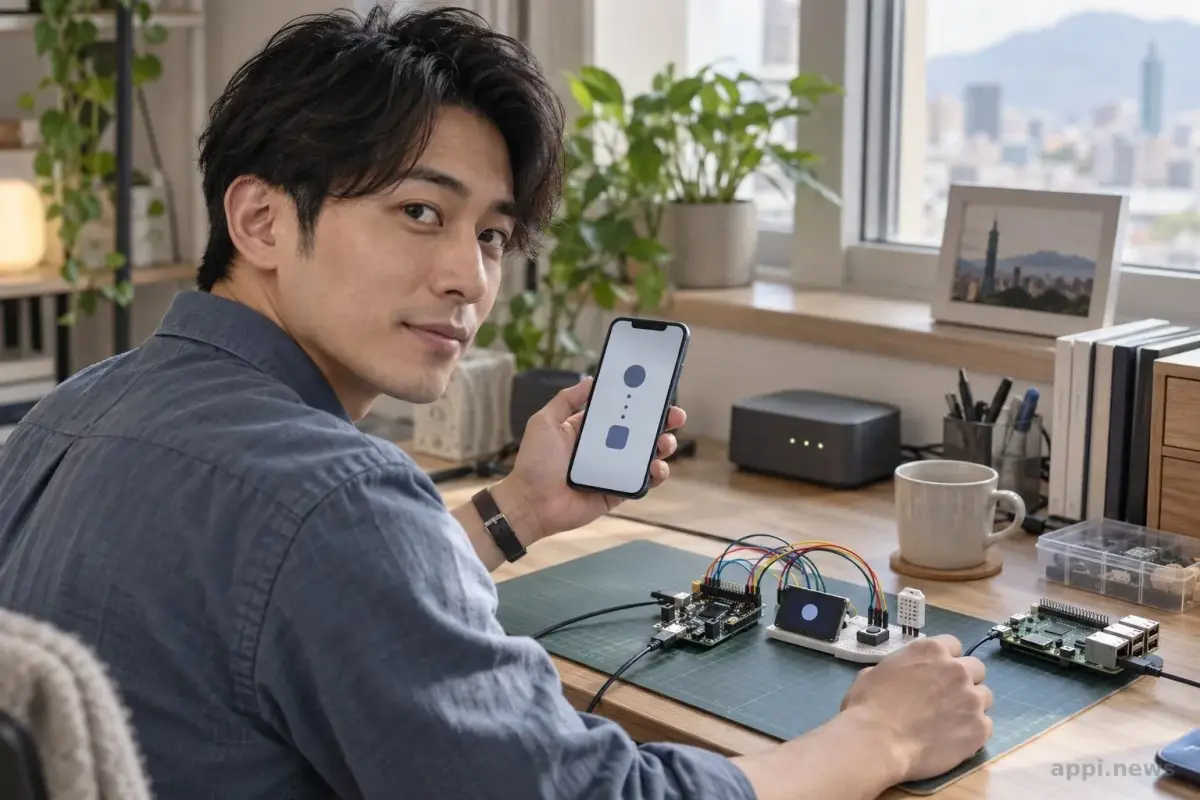 工作桌上擺著微控制器、單板電腦、感測器與小型螢幕，一隻手拿著顯示配對介面的手機。