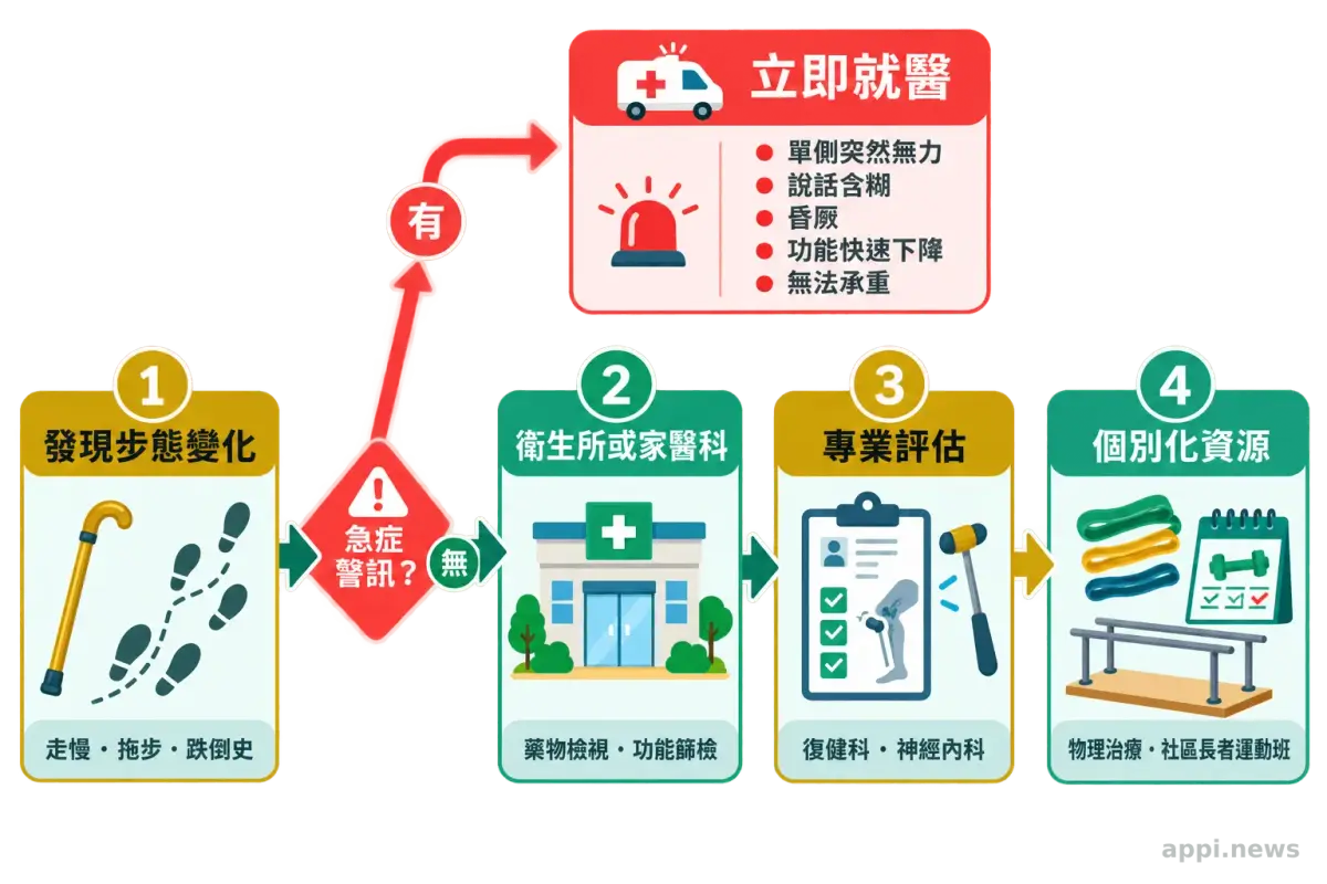 一名台灣長者在明亮的家中緩慢行走，成年家人在旁觀察步態。