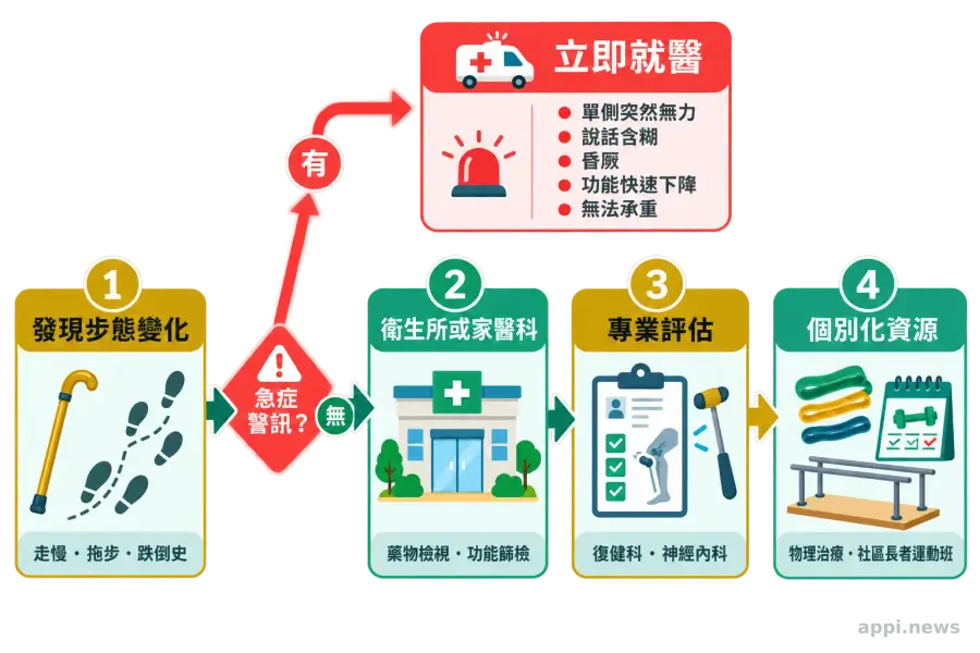 一名台灣長者在明亮的家中緩慢行走，成年家人在旁觀察步態。