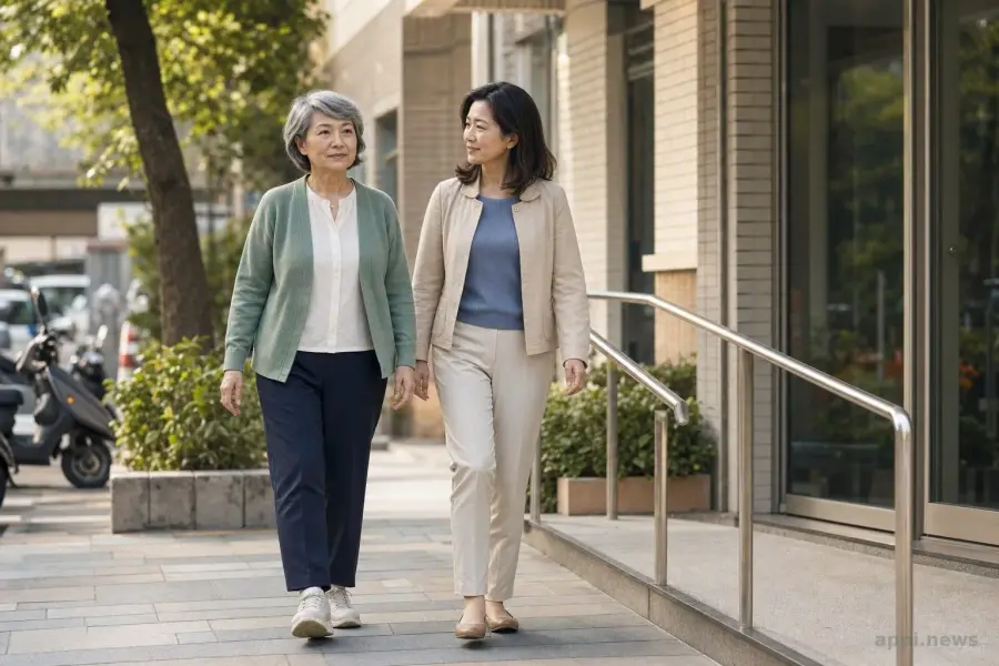 一名台灣長者在成年女兒陪同下步行前往社區健康據點，畫面可見長者的行走姿勢。
