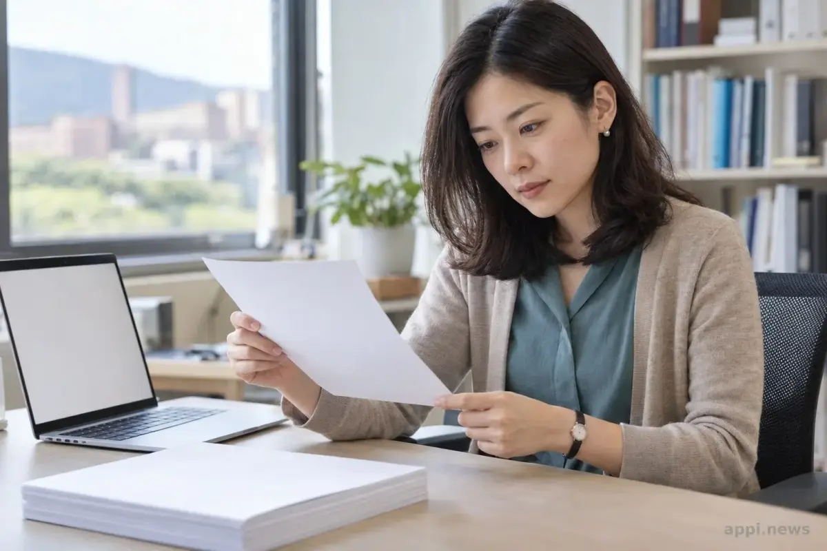 一位亞洲研究人員在大學辦公室的桌前閱讀報告，旁邊放著筆電與紙本資料。