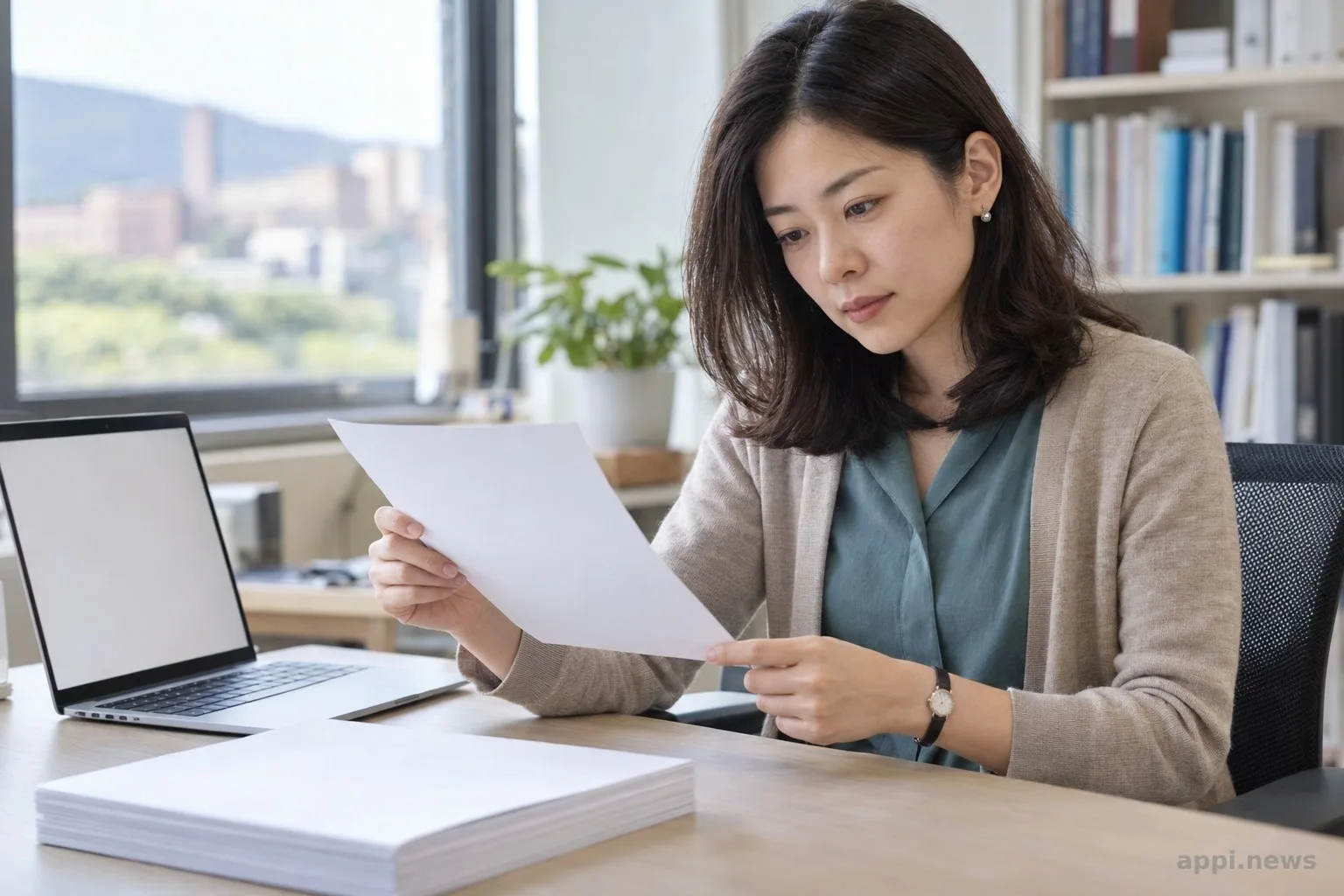 一位亞洲研究人員在大學辦公室的桌前閱讀報告，旁邊放著筆電與紙本資料。