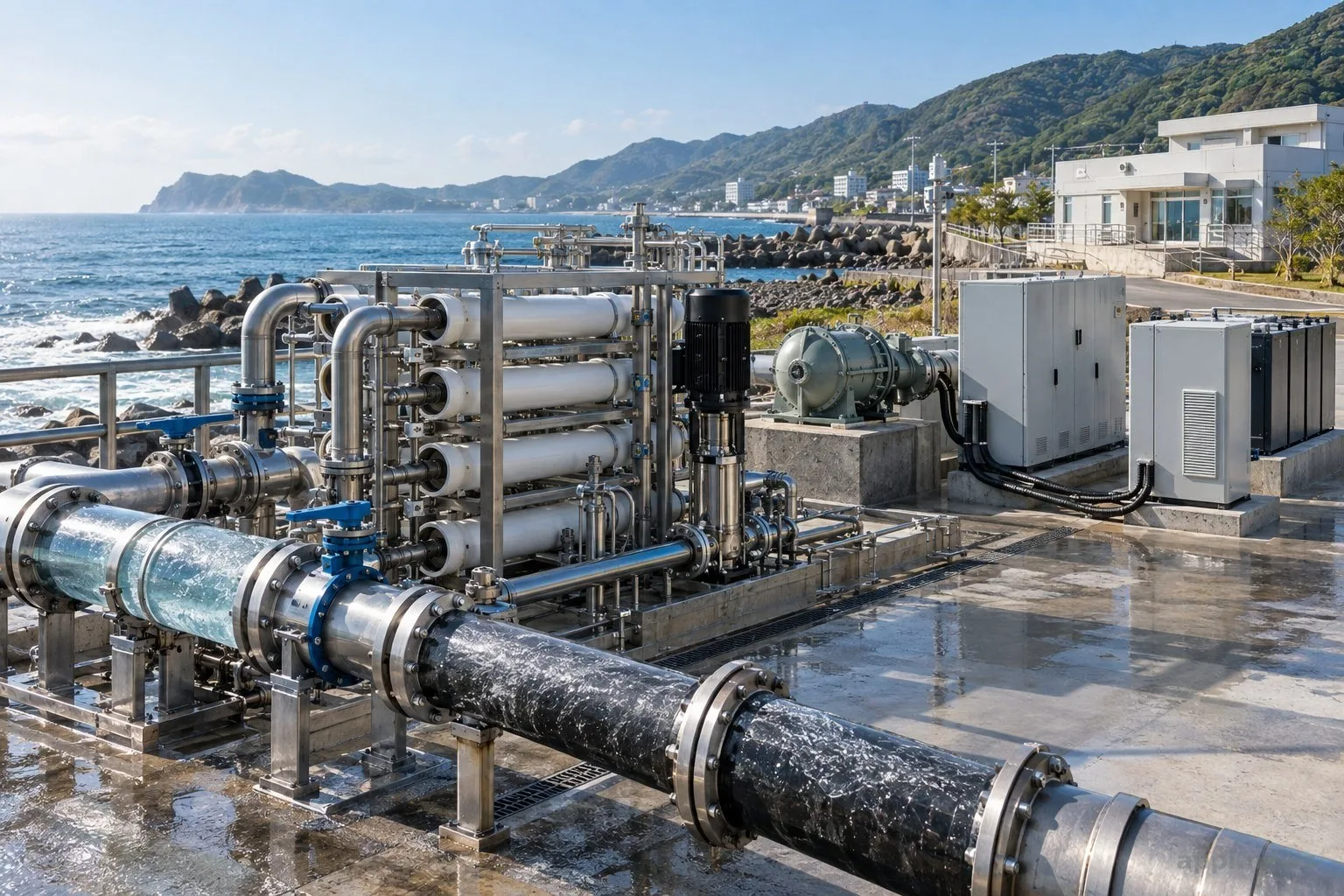 日本福岡沿岸水處理設施旁可見海水淡化設備、處理水管線、滲透膜組與小型渦輪發電機
