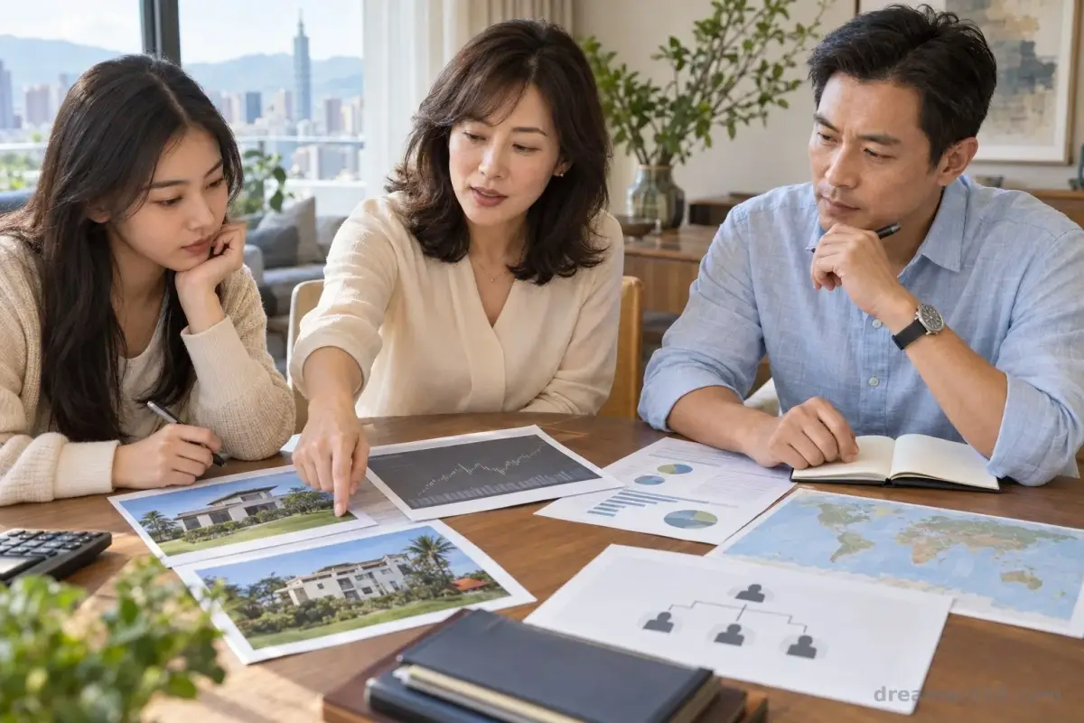 臺灣家庭在餐桌旁檢視海外房產契約、證券對帳單、稅務文件與世界地圖