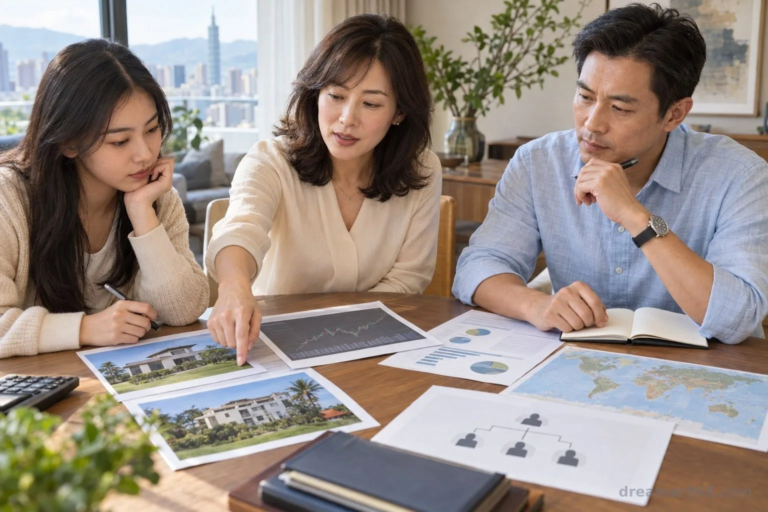 臺灣家庭在餐桌旁檢視海外房產契約、證券對帳單、稅務文件與世界地圖