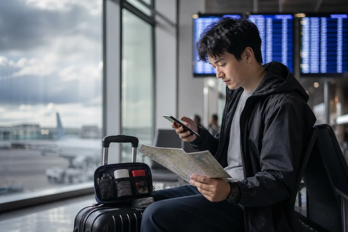 旅客在機場查看手機、地圖與隨身應急用品評估災後行程