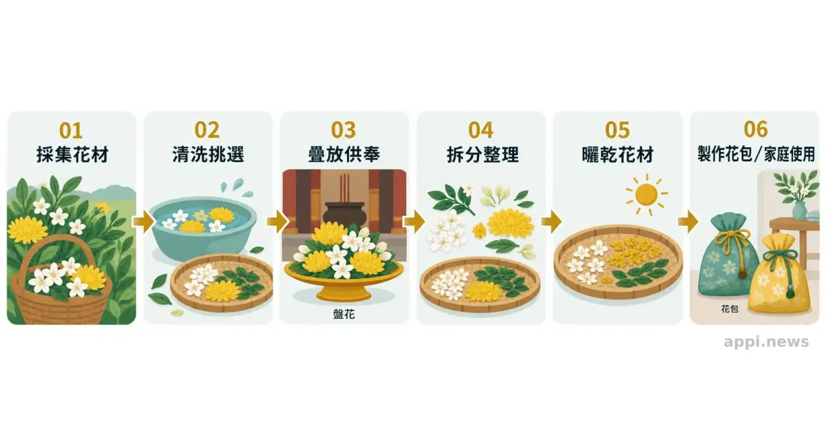 圖示呈現花材從採集、清洗與疊放供奉，到拆分曬乾並製成花包再利用的流程