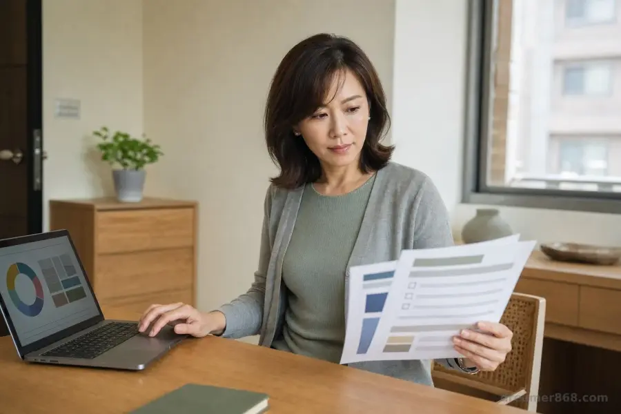 一名臺灣投資人在居家書桌前查看筆電中的海外ETF組合，並翻閱股東投票與公司治理文件。