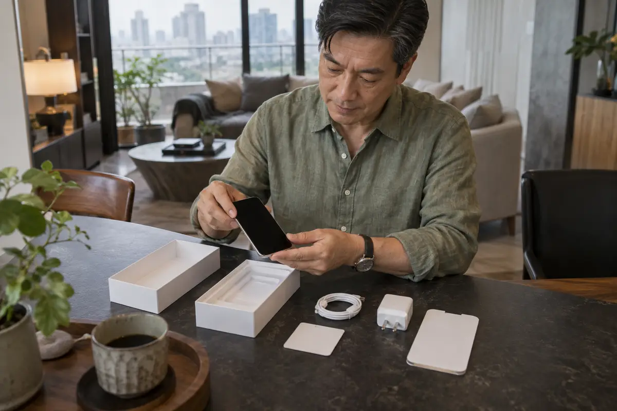 机の上に並ぶ2台のスマートフォンを見比べる場面（イメージ）