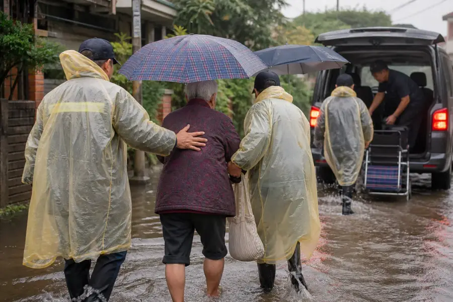 大雨後公共服務人員涉水引導長者前往安全車輛