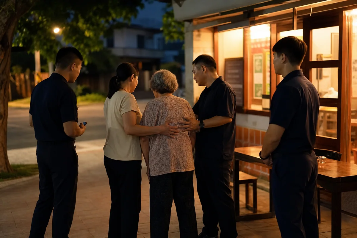 社區服務人員在夜間協助走失長者與家人團聚