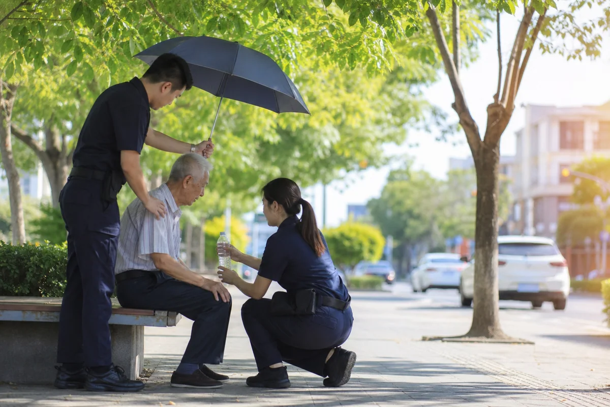 公共服務人員在炎熱街道為迷途長者撐傘並遞水