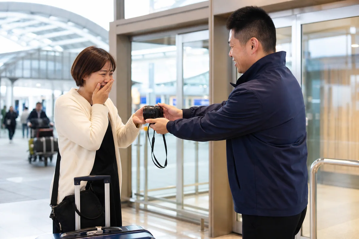 服務人員在機場將尋回的相機交還外國旅客