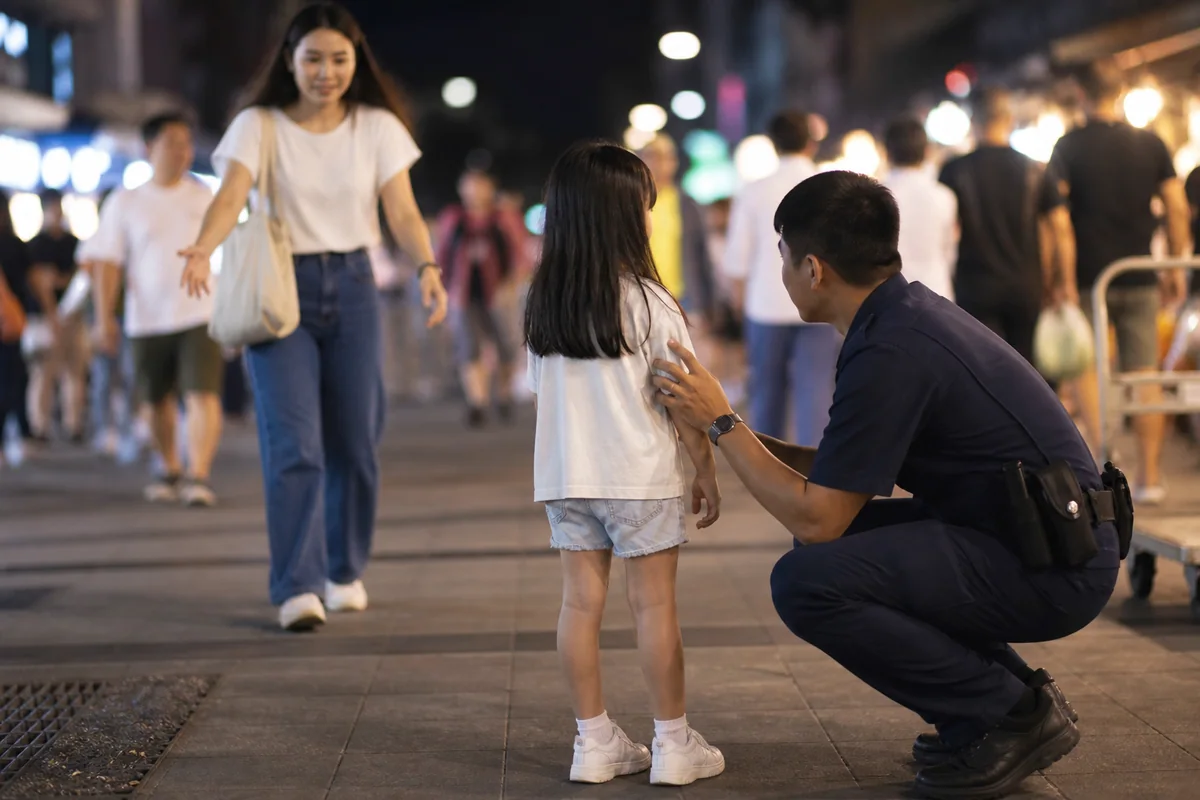 夜市中服務人員安撫走失孩童並協助與母親團聚