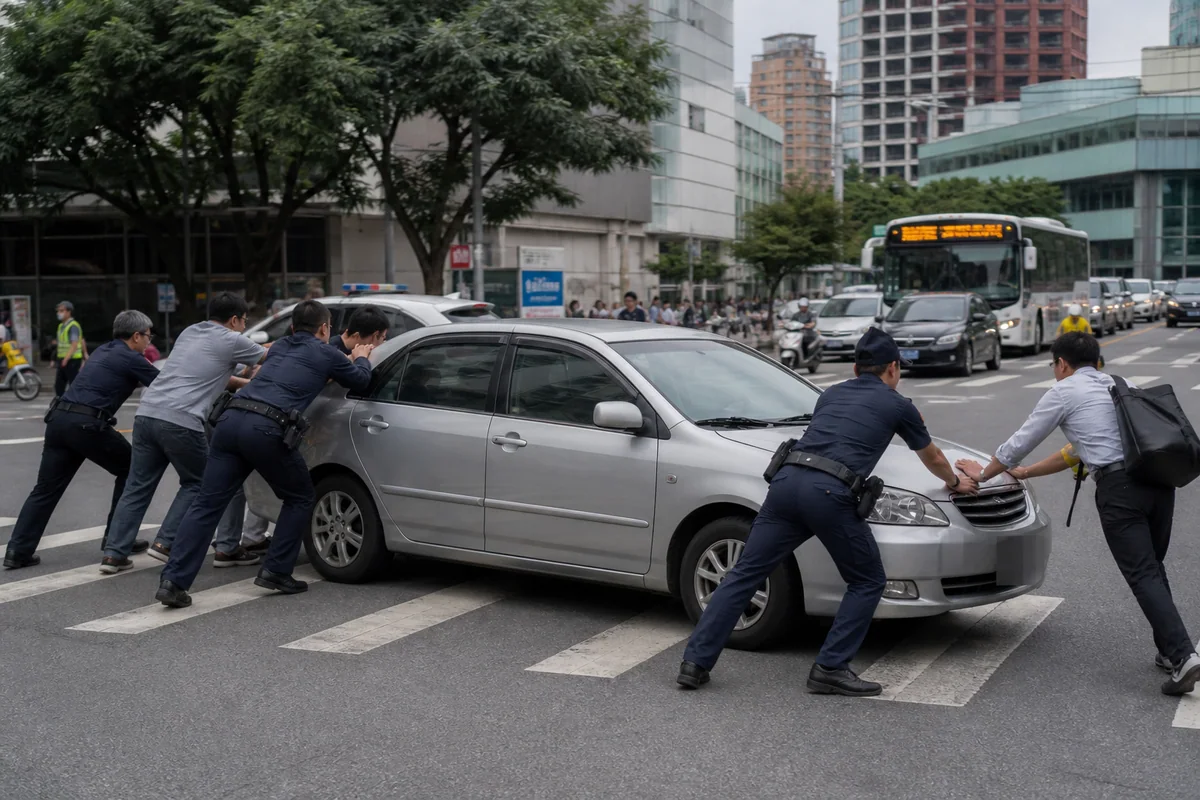 尖峰路口眾人合力將拋錨汽車推離車道