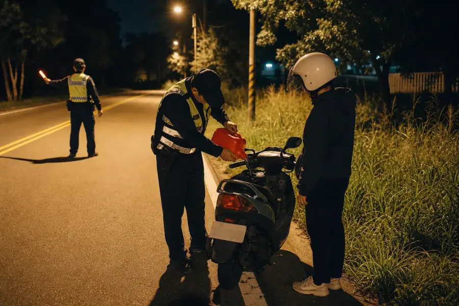 深夜道路旁服務人員為沒油的機車騎士提供燃油協助