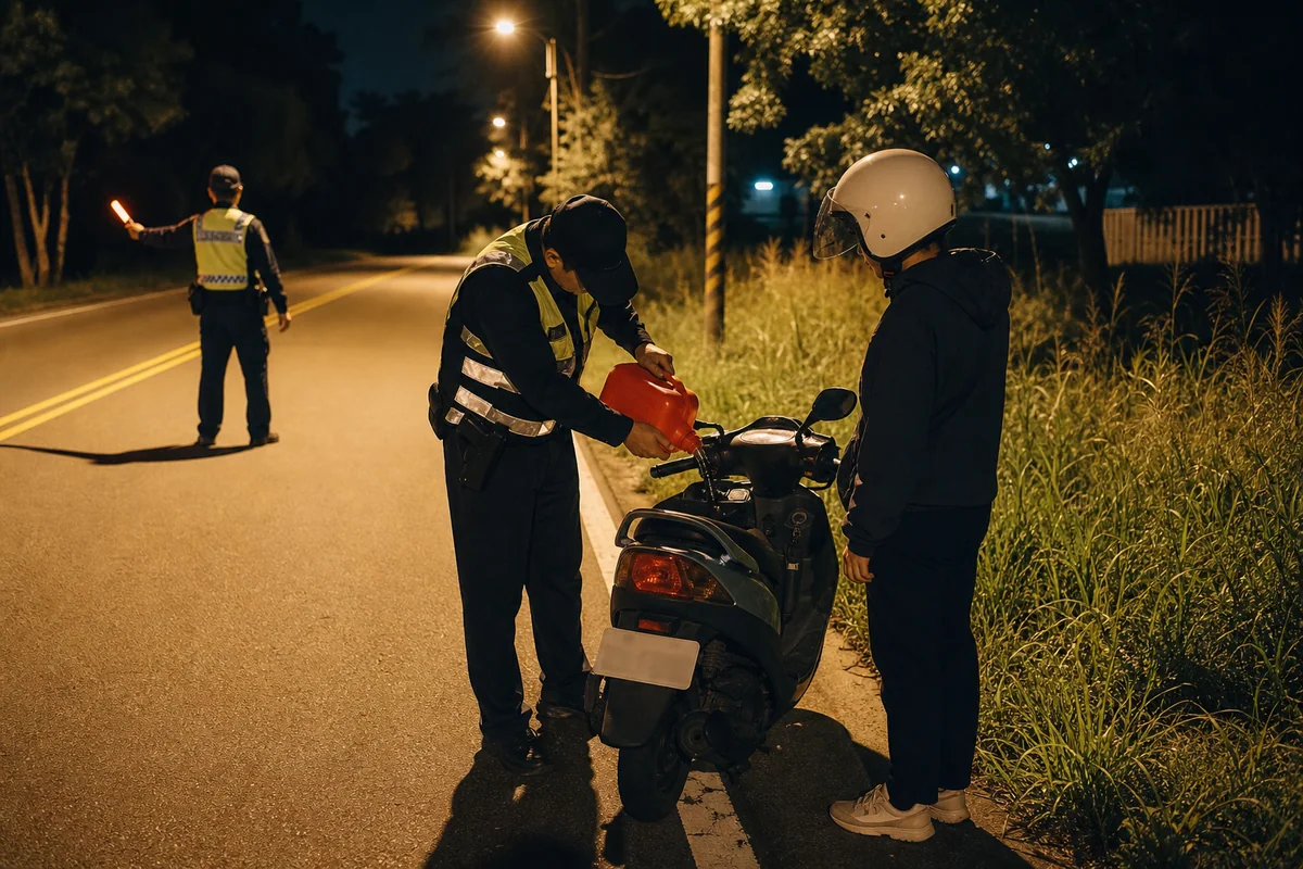 深夜道路旁服務人員為沒油的機車騎士提供燃油協助