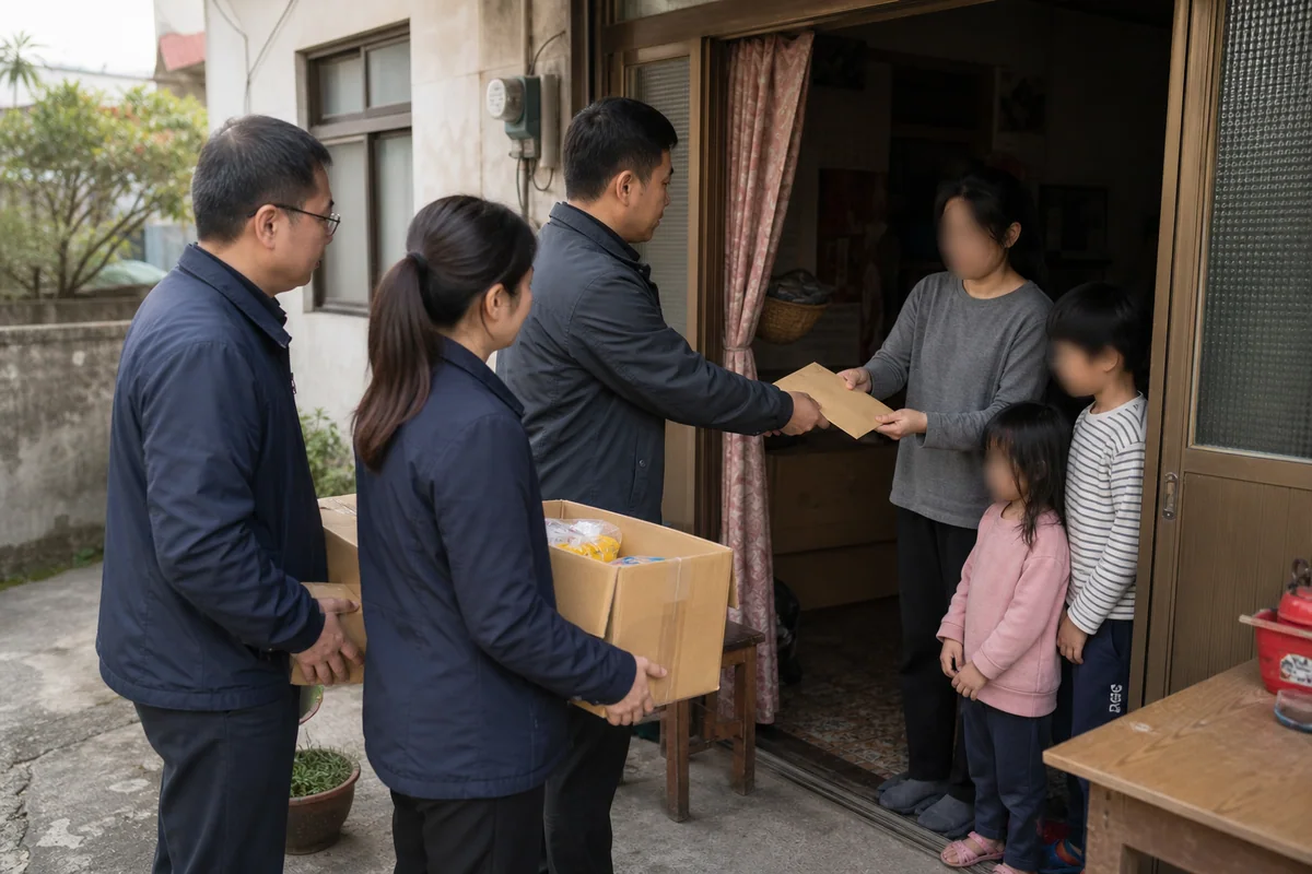 社區服務人員送物資與救助信封到需要協助的家庭