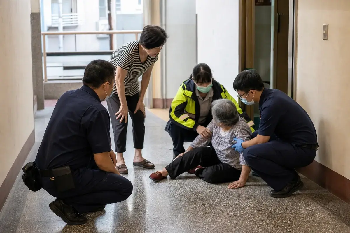 救護與服務人員在住宅走廊協助跌倒長者安全坐起