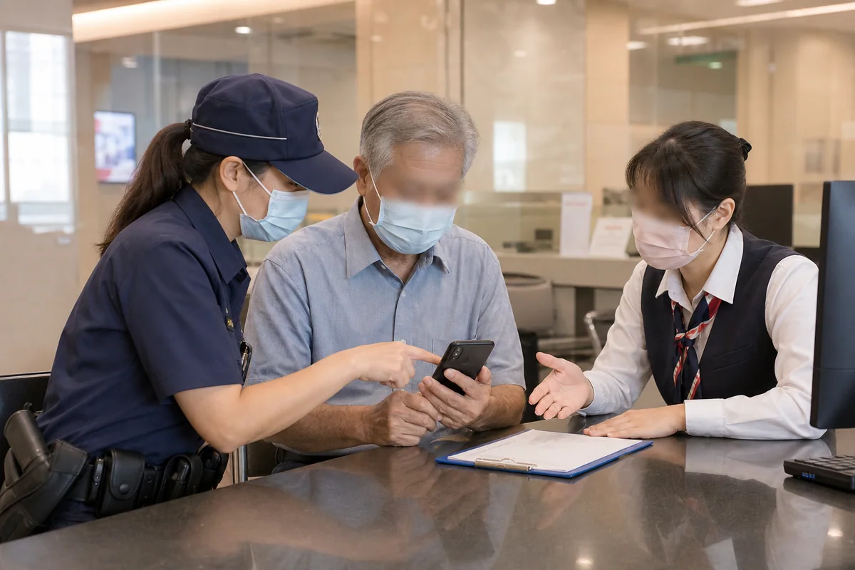 銀行人員與服務人員陪長者核對可疑手機訊息避免匯款
