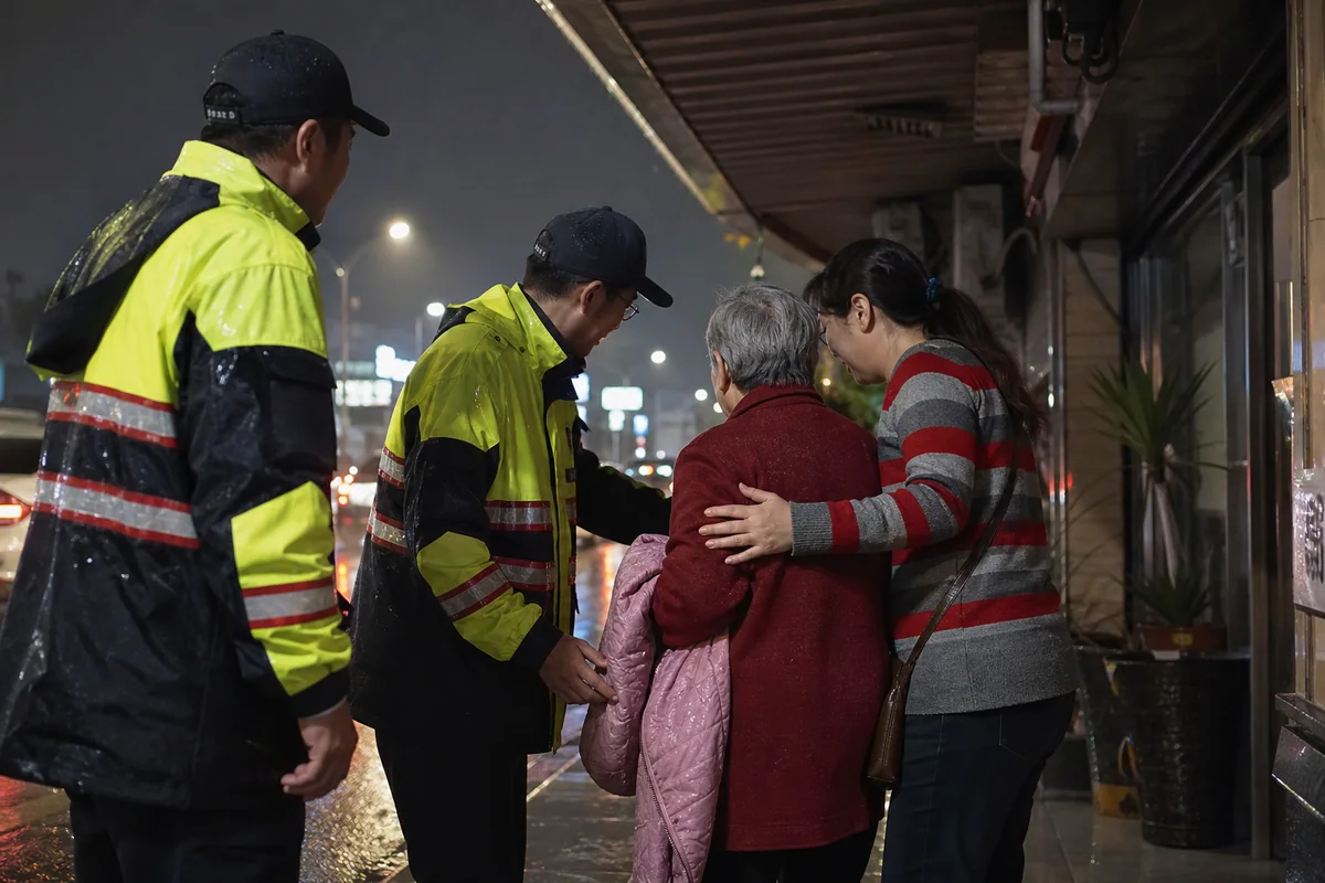 豪雨夜服務人員在騎樓協助老婦與女兒團聚