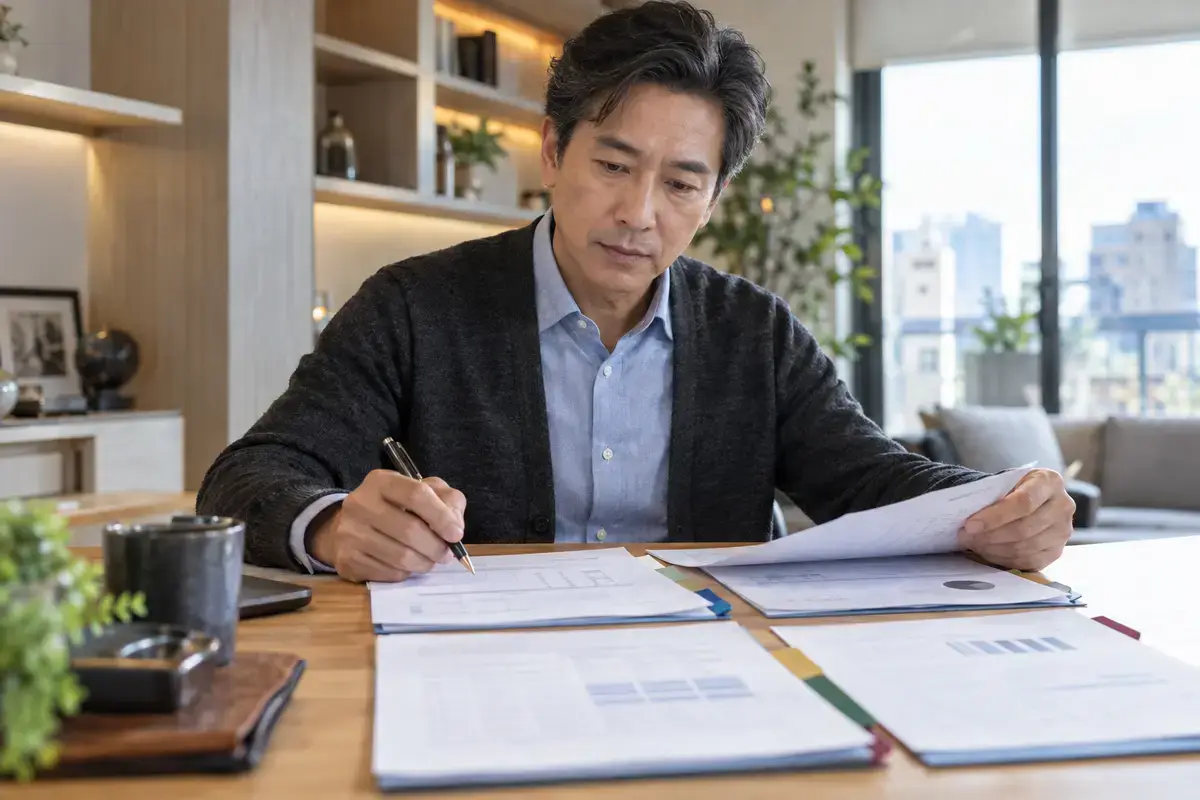 桌面上的資產配置筆記與彩色分頁標籤（示意圖）