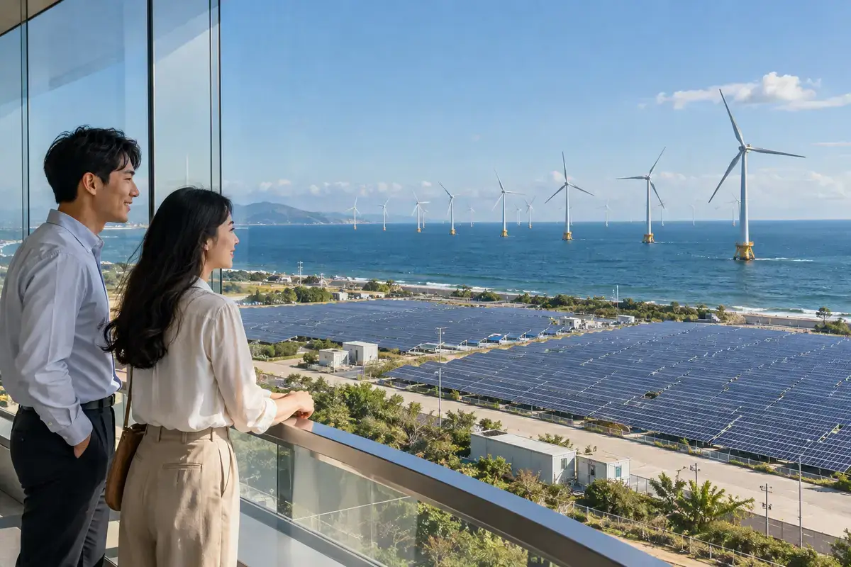 海上風力發電機與太陽能板陣列的遠景（示意圖）