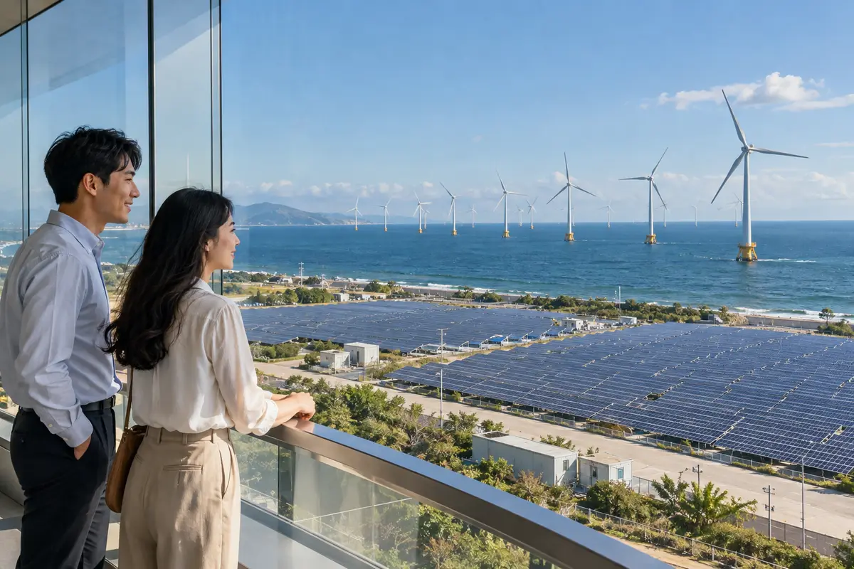 海上風力發電機與太陽能板陣列的遠景（示意圖）