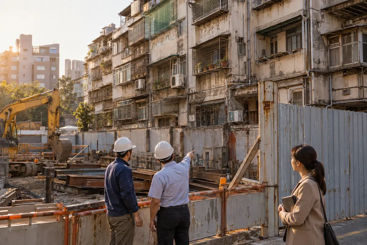 都市工地圍籬與相鄰老舊公寓外牆（示意圖）
