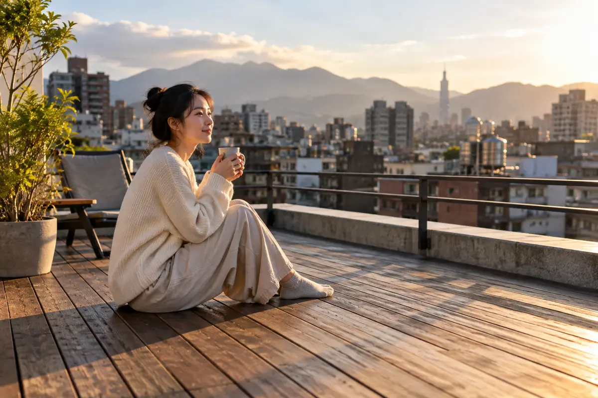 住宅頂樓露台的木地板與都市天際線（示意圖）