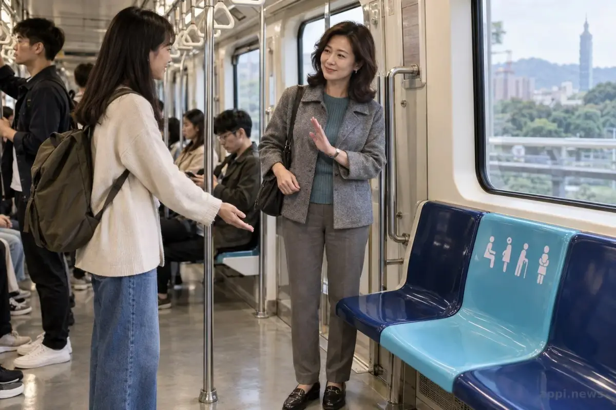臺北捷運車廂內可見優先席標示與空位，不同年齡乘客保持適當距離