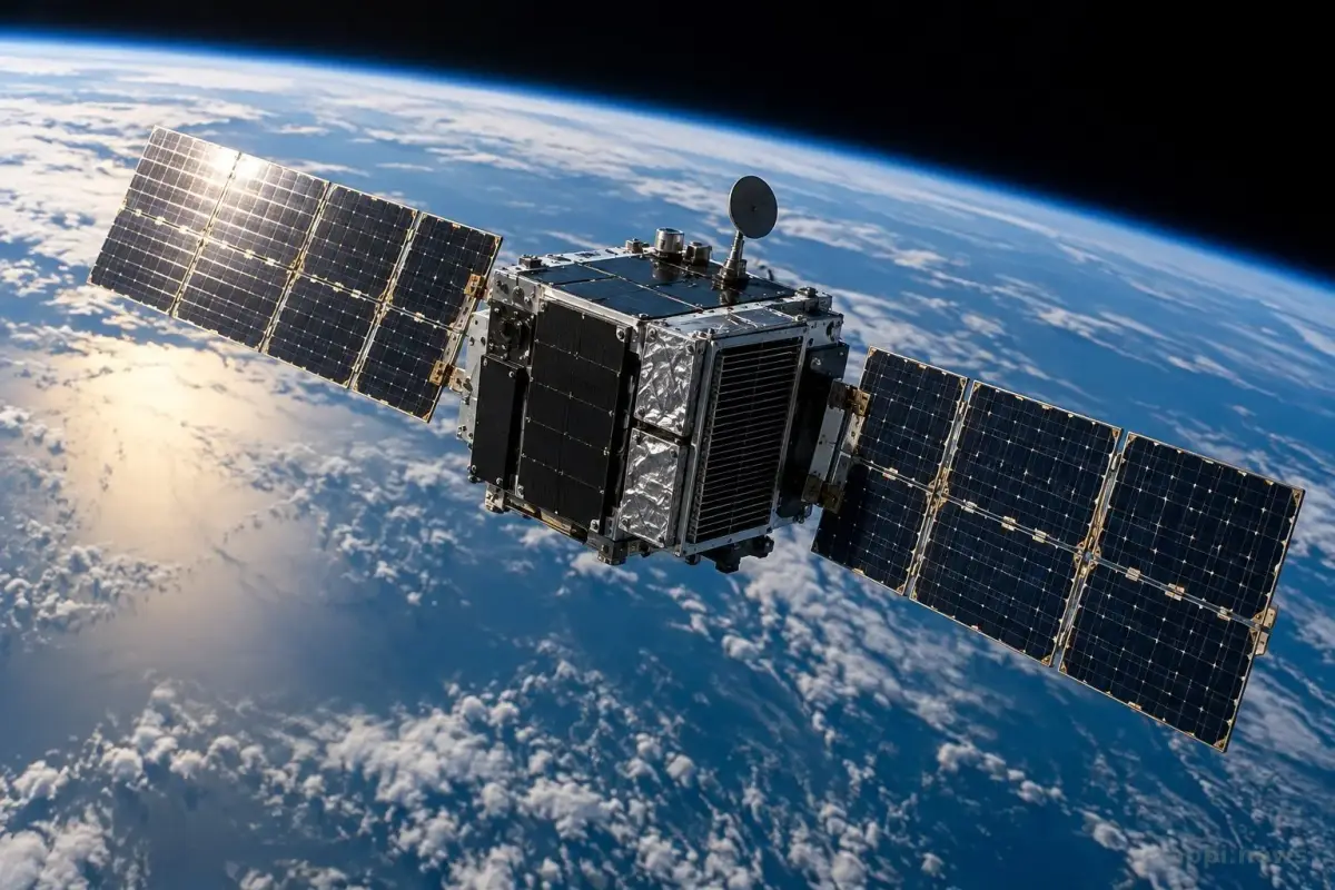 一顆展開太陽能板的衛星在地球軌道上運行，機身可見運算設備。