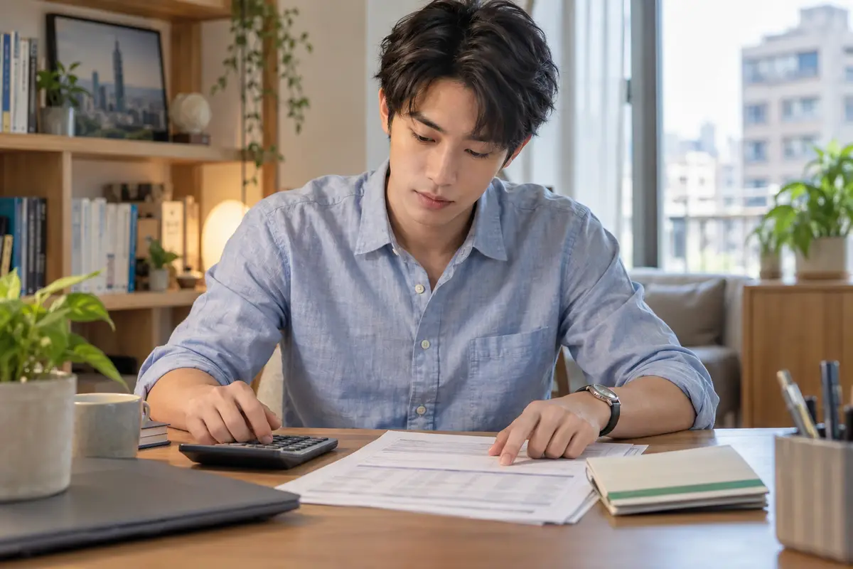 書桌上的房貸攤還表、計算機與存摺（示意圖）